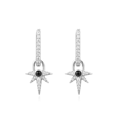 Silver Black Onyx Star Drop Huggies