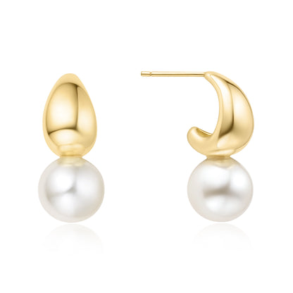 Gold Shell Pearl Dome Hoop Earrings