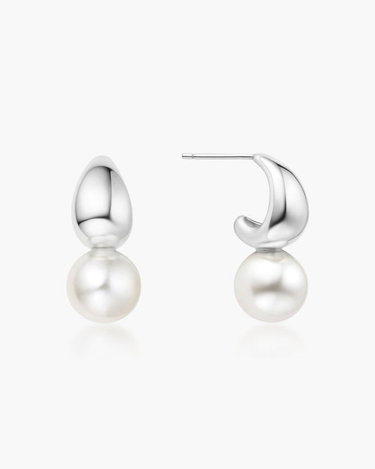Silver Shell Pearl Dome Hoop Earrings