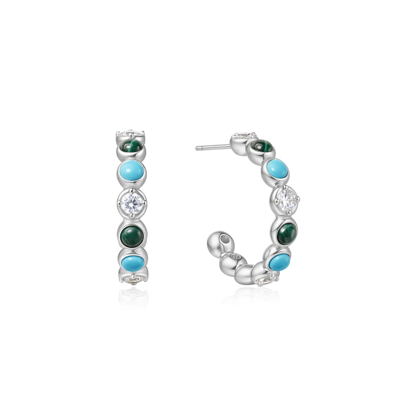 Silver Malachite and Turquoise Large Hoops