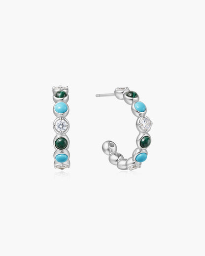 Silver Malachite and Turquoise Large Hoops
