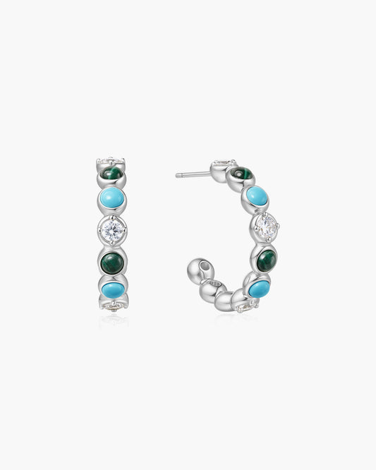 Silver Malachite and Turquoise Large Hoops