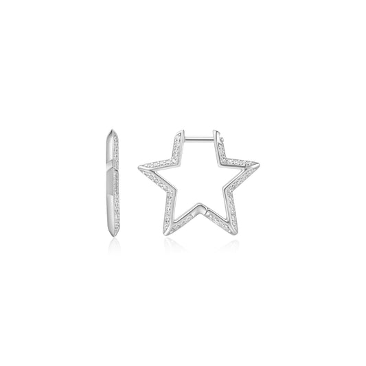 Silver Medium Star Pavé Hoop Earrings