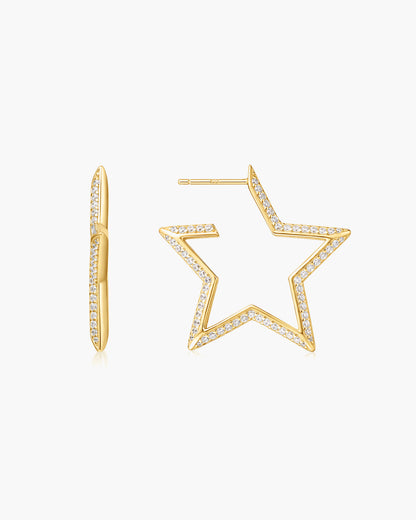 Gold Large Star-Shaped Pavé Hoop Earrings