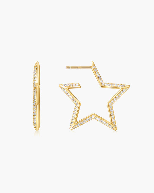 Gold Large Star-Shaped Pavé Hoop Earrings