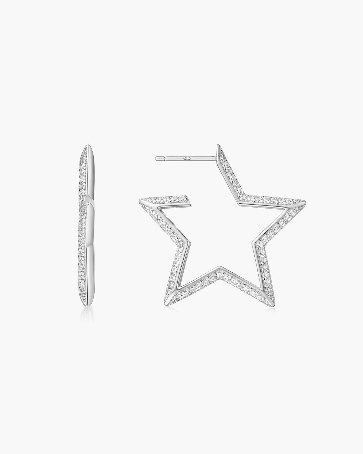 Silver Large Star-Shaped Pavé Hoop Earrings
