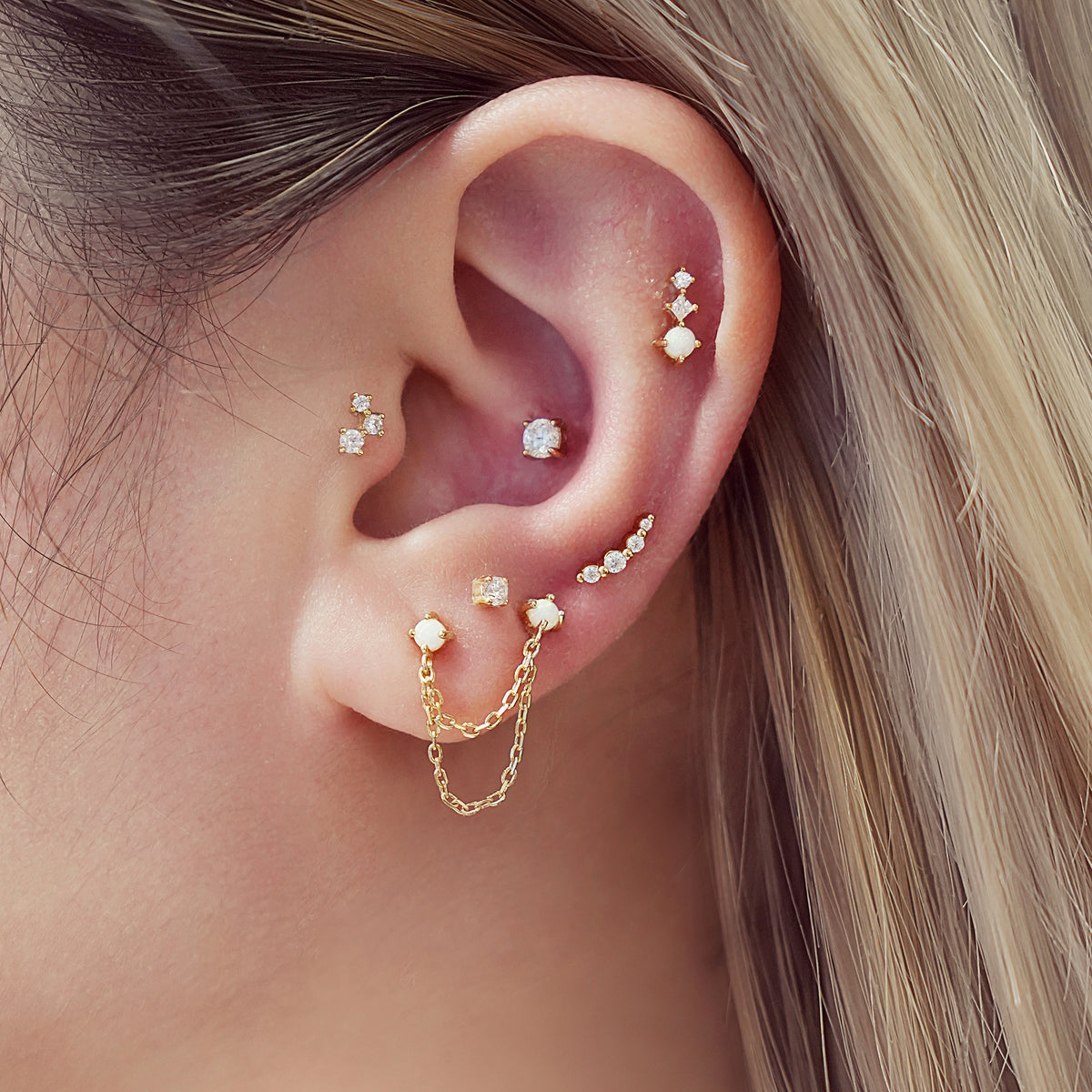 Gold Bezel Beaded Stone Stud Earrings