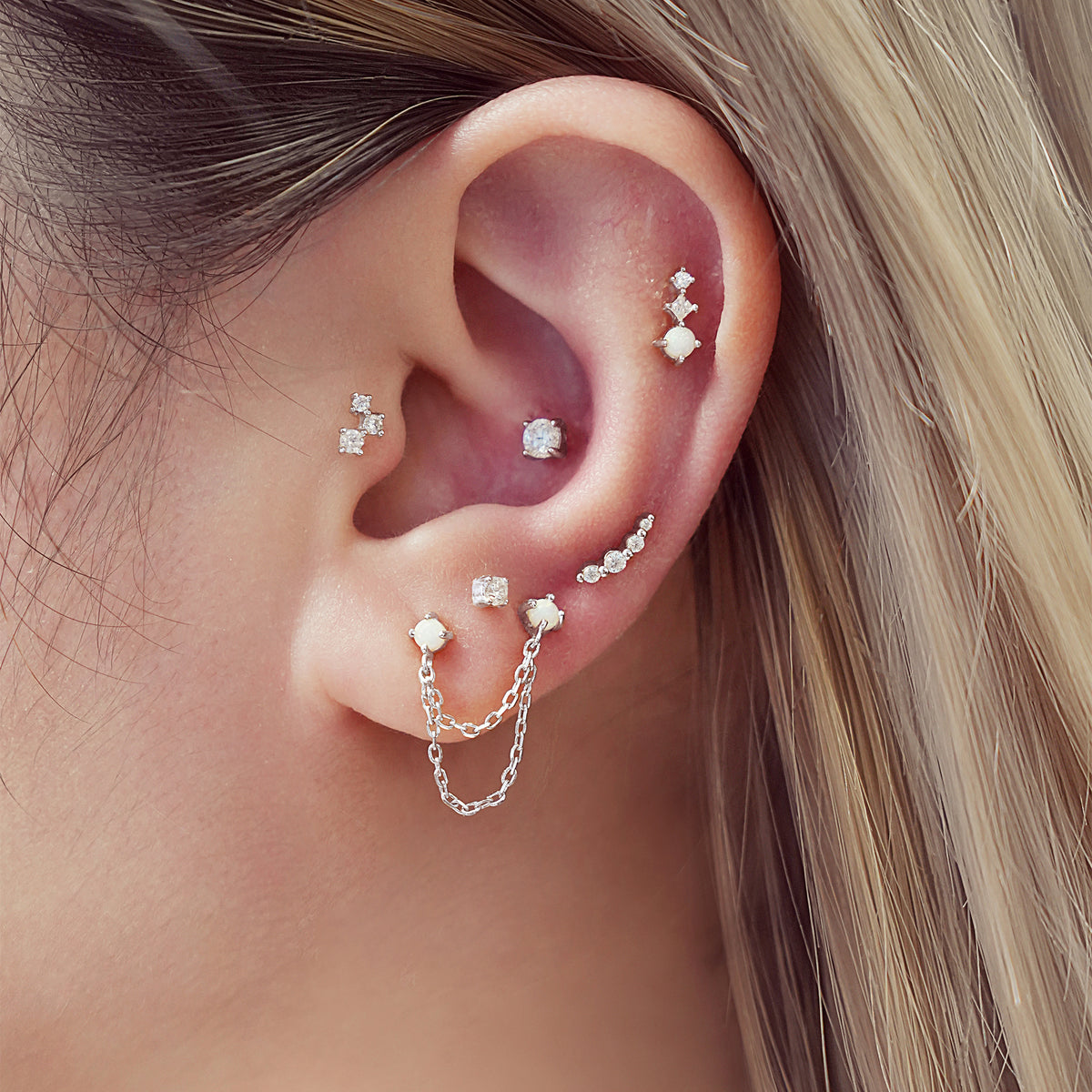 Silver Bezel Beaded Stone Stud Earrings