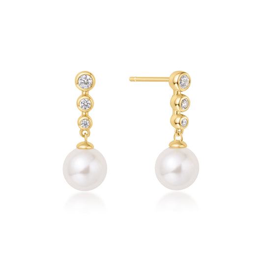 Gold Tennis Beaded Stone Shell Pearl Drop Stud Earrings