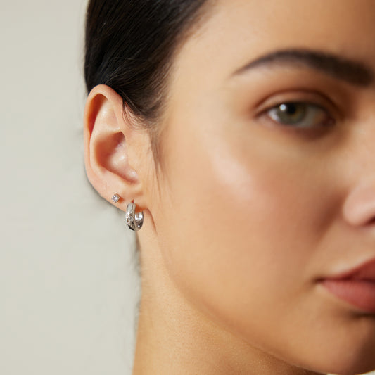Silver Small Chubby Sparkling Huggie Hoop Earrings