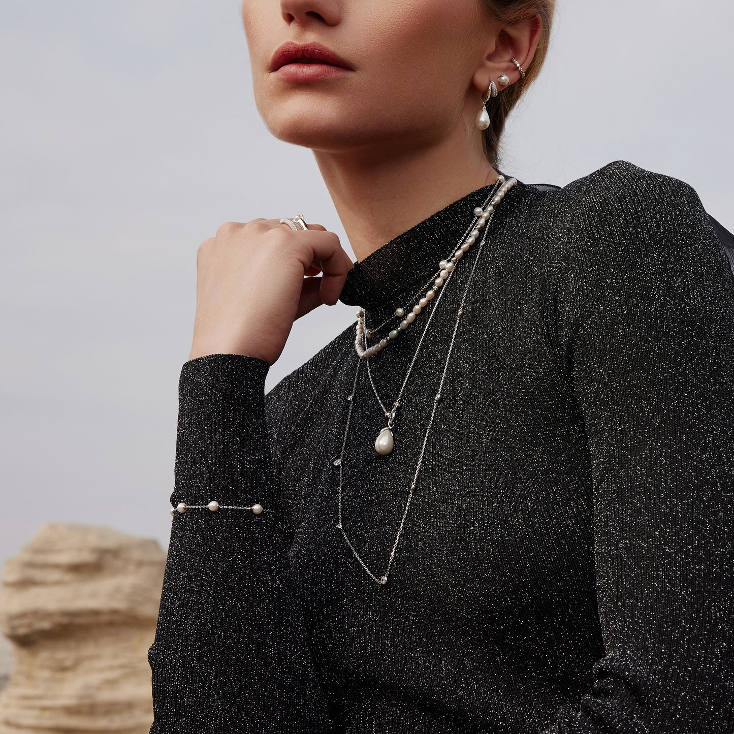Silver Linked Shell Pearl Drop Pendant Necklace