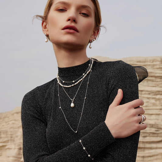 Silver Linked Shell Pearl Drop Pendant Necklace