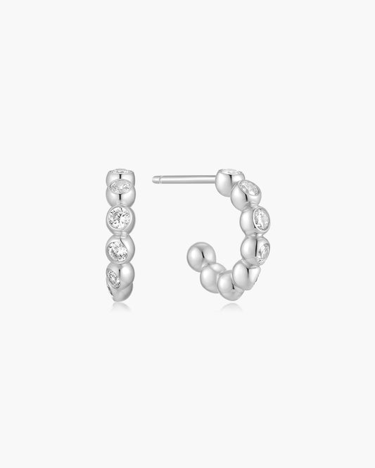 Silver Bezel Beaded Huggie Hoop Earrings