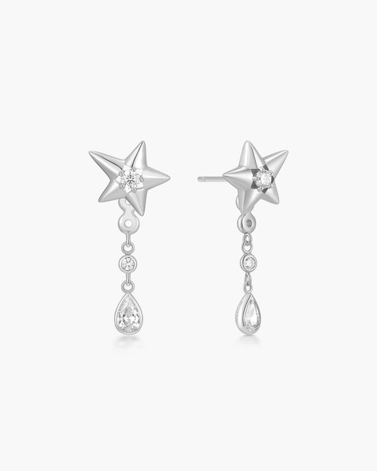 Silver Sparkling Star Drop Stud Earrings