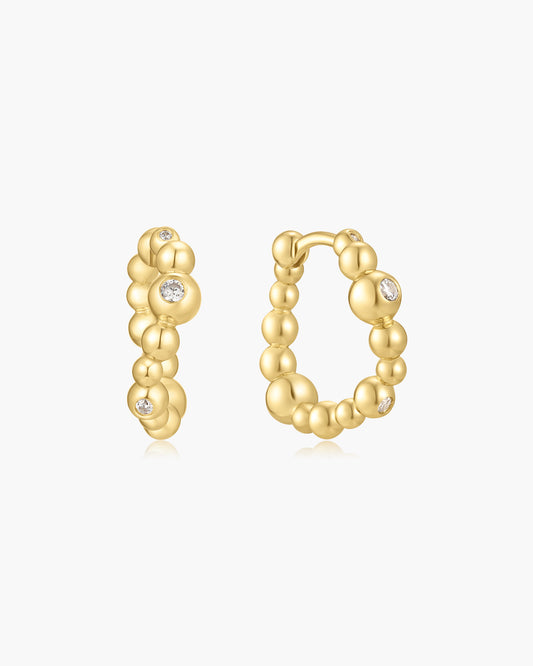 Gold Bezel Beaded Curved Huggie Hoop Earrings