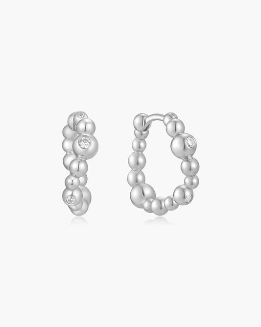 Silver Bezel Beaded Curved Huggie Hoop Earrings
