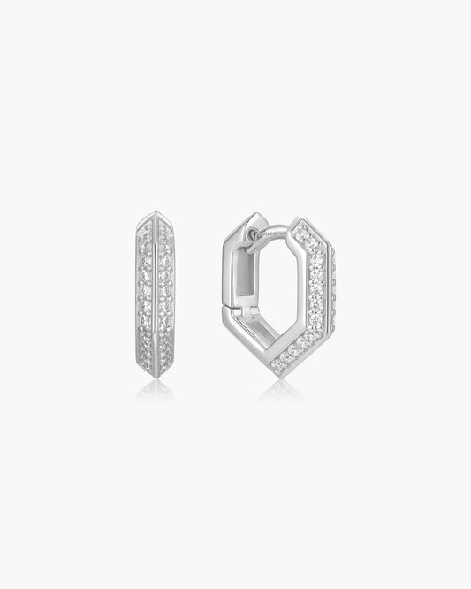 Silver Sparkling Shield Huggie Hoop Earrings