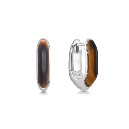 Silver Tiger Eye Huggie Hoop Earrings