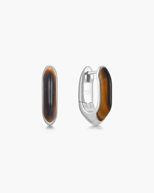 Silver Tiger Eye Huggie Hoop Earrings