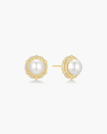 Gold Shell Pearl Bloom Stud Earrings