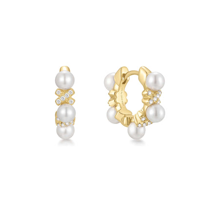 Gold Sparkling Braided Shell Pearl Huggie Hoop Earrings