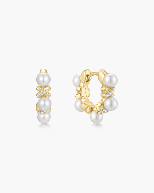 Gold Sparkling Braided Shell Pearl Huggie Hoop Earrings