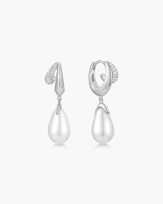 Silver Sparkling Duet Mixed Shell Pearl Drop Huggie Hoop Earrings