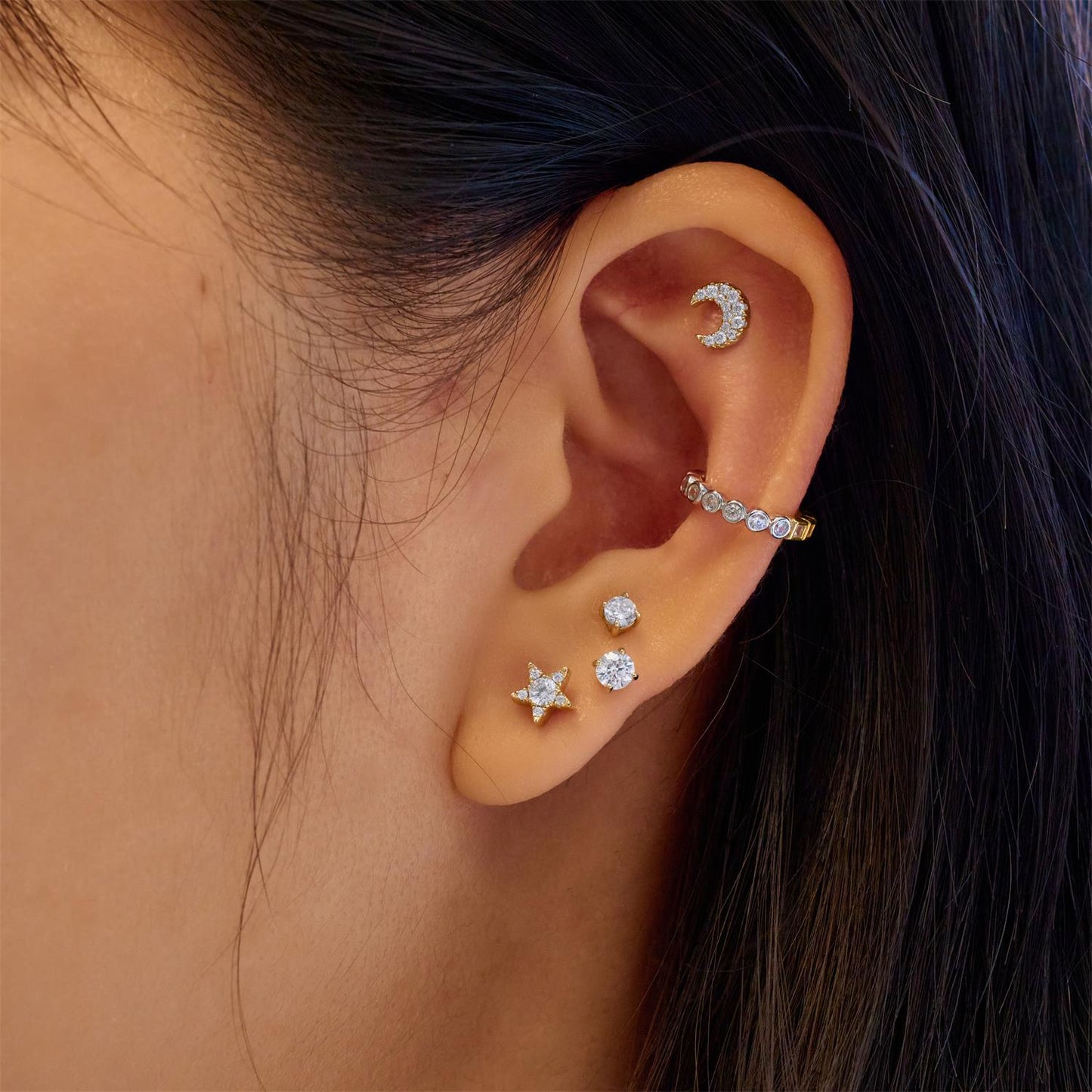 Gold Pavé Crescent Moon Barbell Single Earring