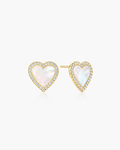 Gold Mother of Pearl Halo Heart Stud Earrings