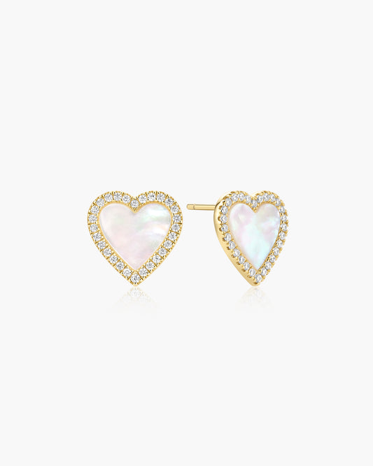 Gold Mother of Pearl Halo Heart Stud Earrings