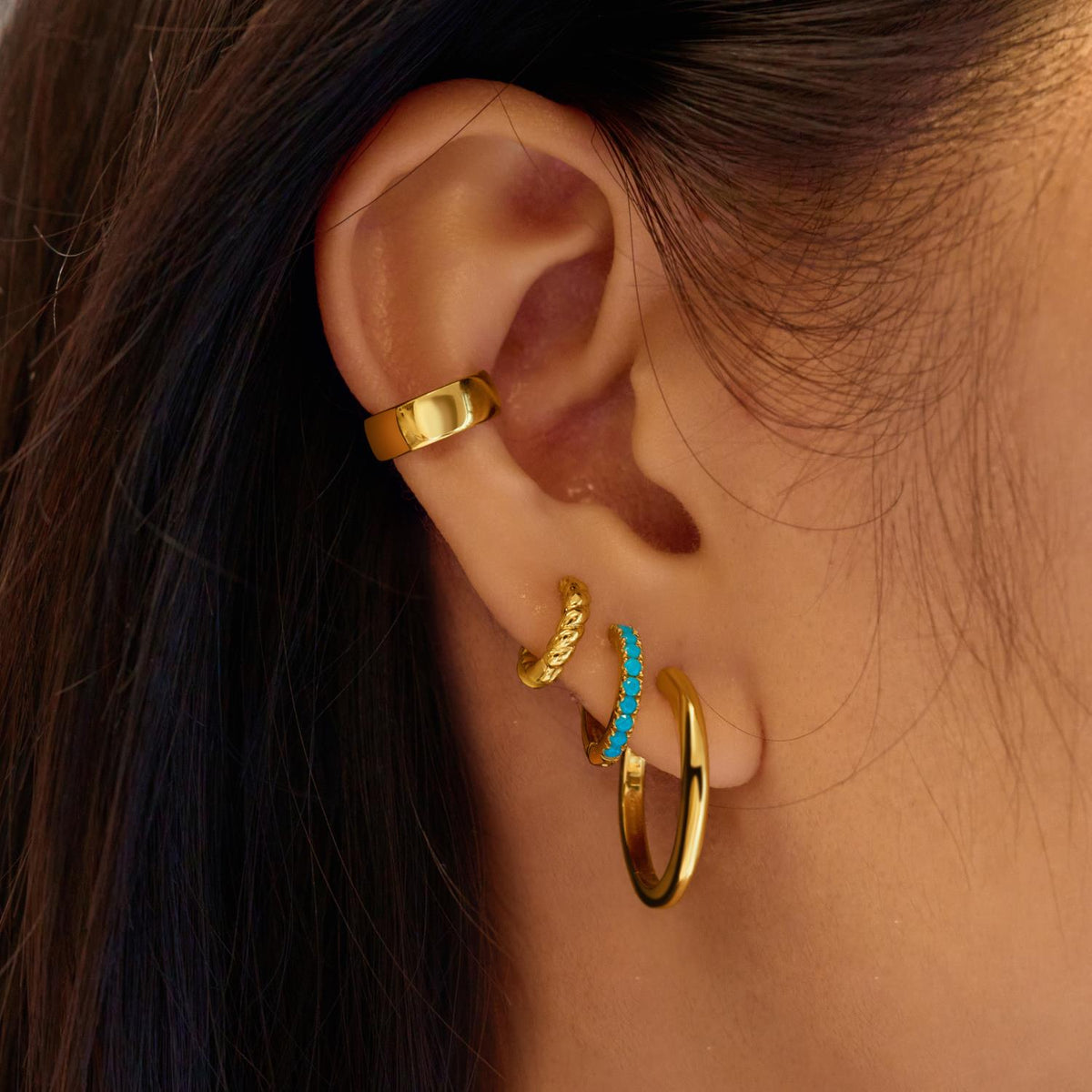 Gold Aqua Blue Row Huggie Hoop Earrings