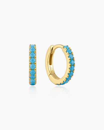 Gold Aqua Blue Row Huggie Hoop Earrings