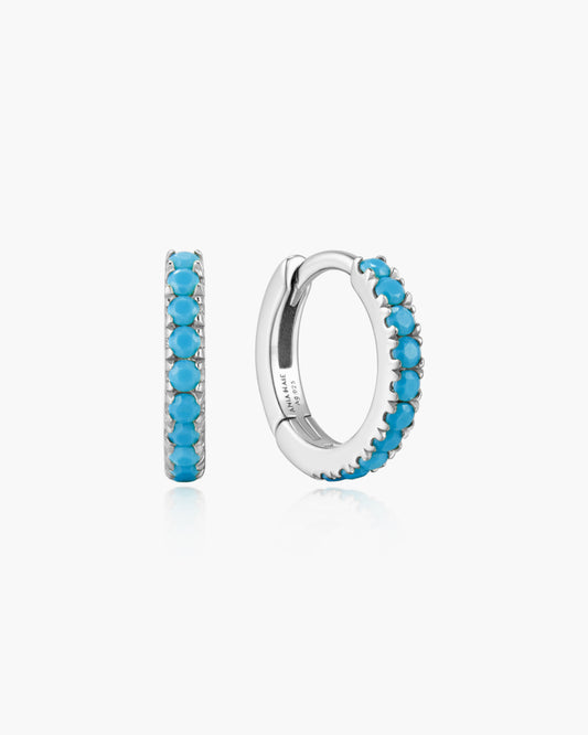 Silver Aqua Blue Row Huggie Hoop Earrings