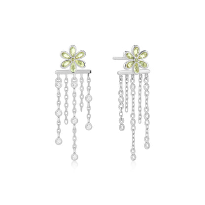 Silver Floral Tassel Drop Stud Earrings