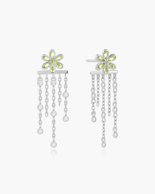 Silver Floral Tassel Drop Stud Earrings