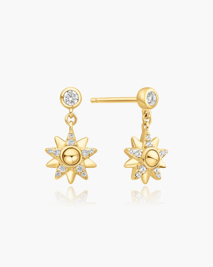 Gold Sunburst Dangle Stud Earrings