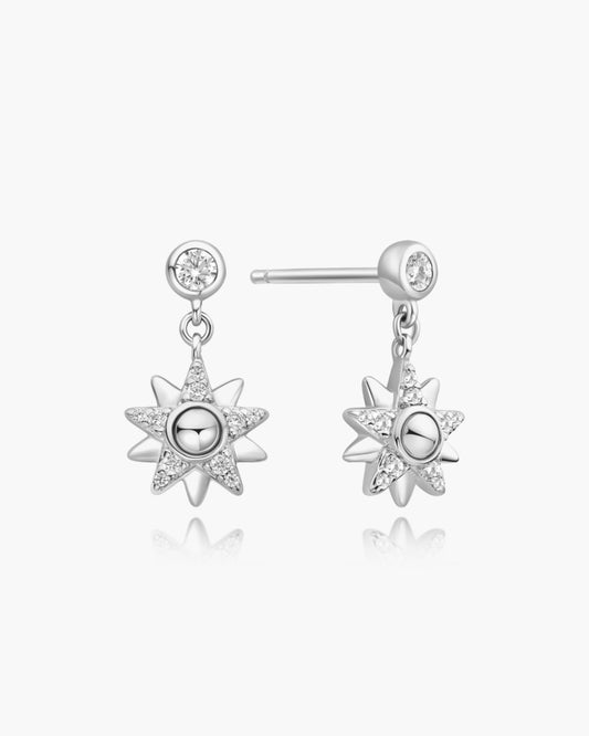Silver Sunburst Dangle Stud Earrings