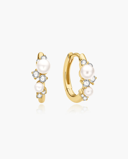 Gold Shell Pearl Cluster Huggie Hoop Earrings