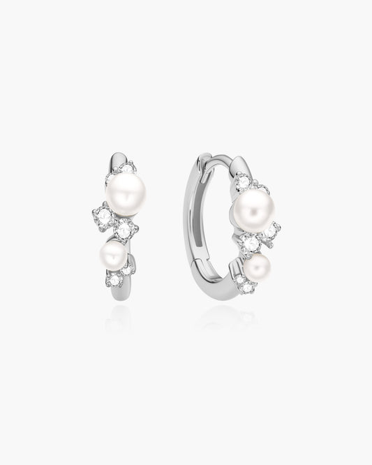 Silver Shell Pearl Cluster Huggie Hoop Earrings