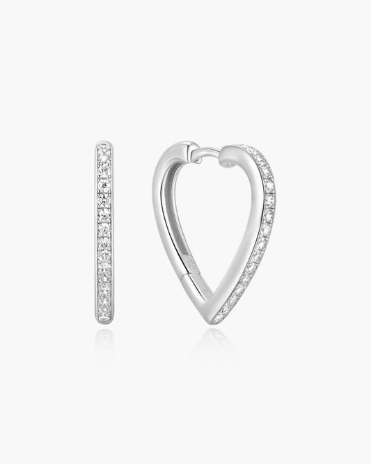 Silver Medium Sparkle Heart Huggie Hoop Earrings