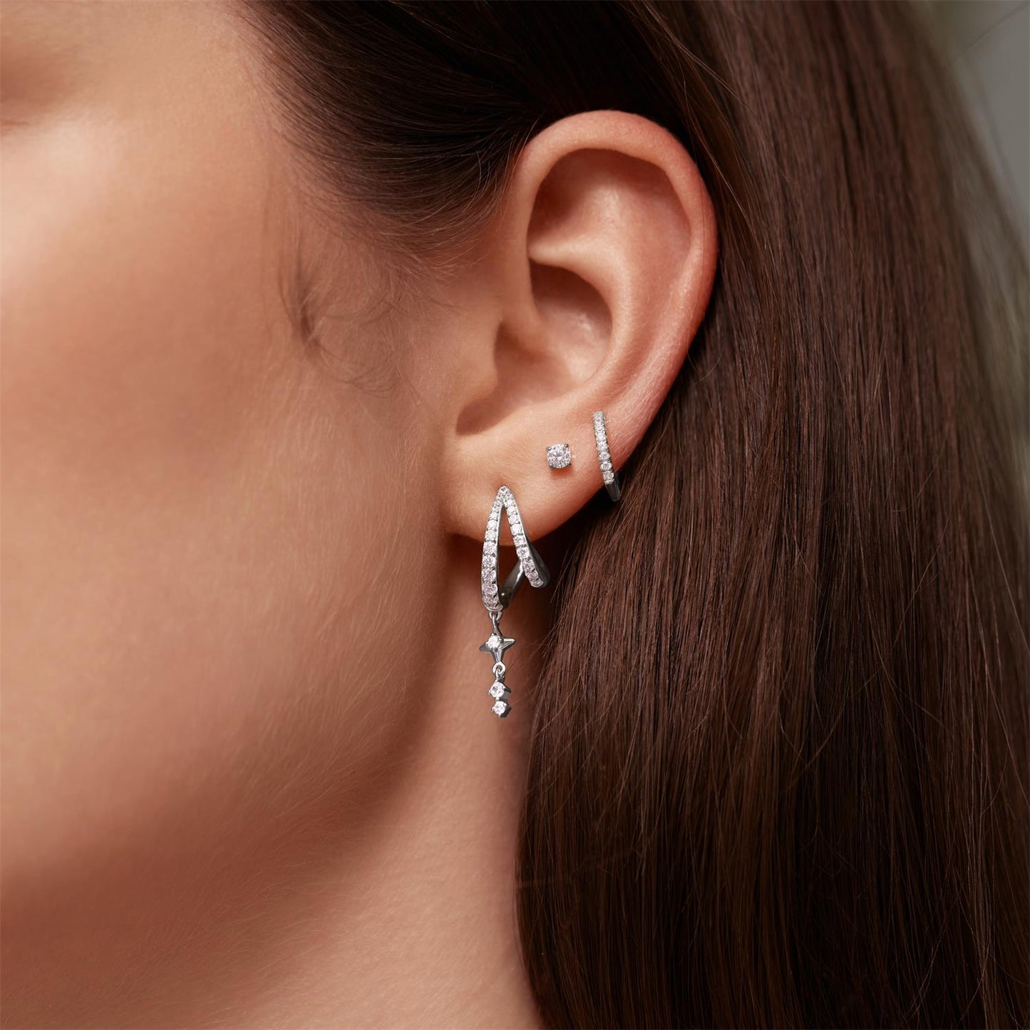 Silver Star Drop Stud Earrings