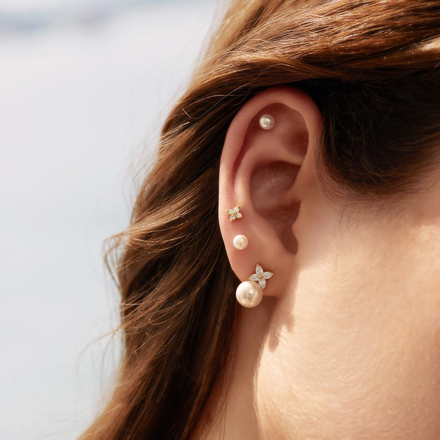 Gold Shell Pearl & Lucky Clover Stud Earrings