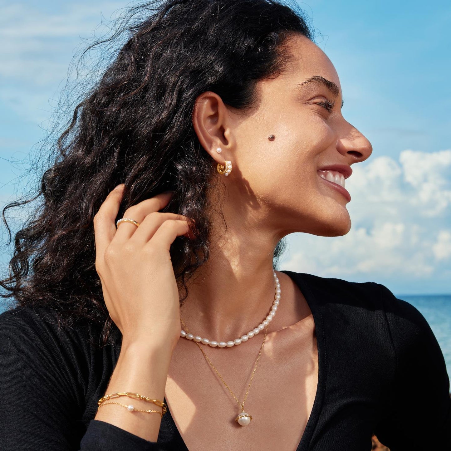 Gold Sparkling Shell Pearl Row Huggie Hoop Earrings