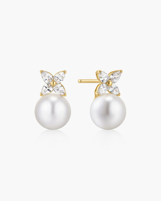 Gold Shell Pearl & Lucky Clover Stud Earrings
