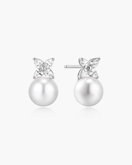 Silver Shell Pearl & Lucky Clover Stud Earrings