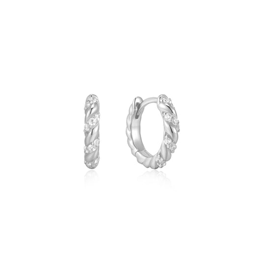 Silver Sparkle Twisted Huggie Hoop Earrings