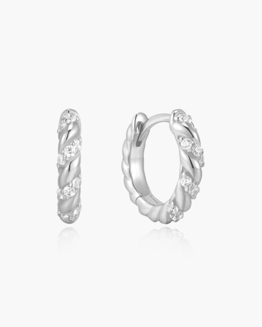 Silver Sparkle Twisted Huggie Hoop Earrings