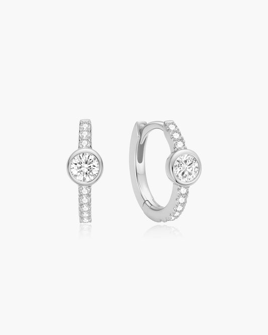 Silver Pavé Row & Bezel-Set Huggie Hoop Earrings