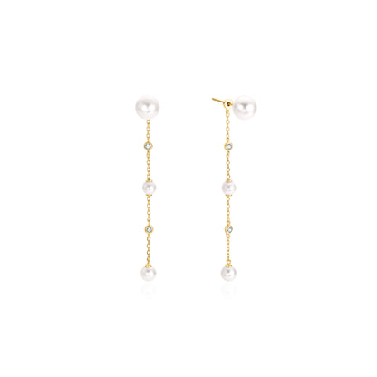 Gold Cascade Shell Pearl Station Drop Stud Earrings