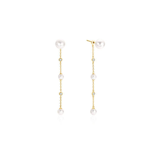 Gold Cascade Shell Pearl Station Drop Stud Earrings